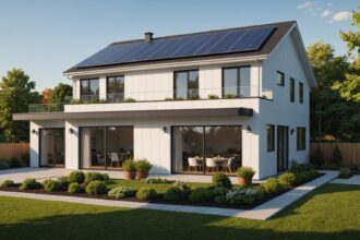 Pompe à chaleur installée dans une maison moderne avec jardin