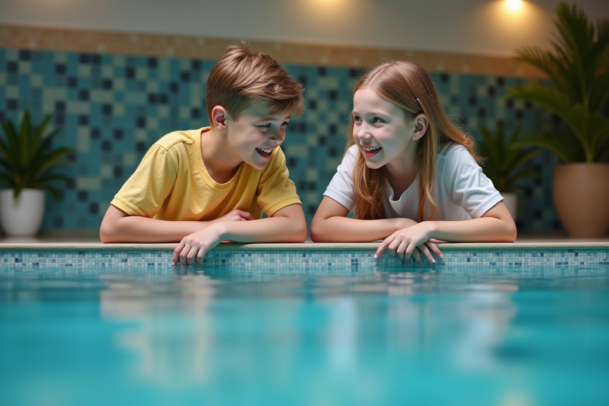 Adolescents discutant près de la piscine intérieure