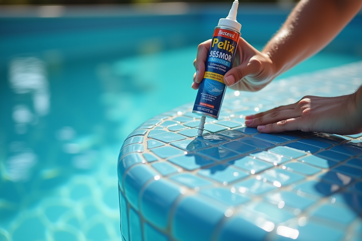Mains appliquant du mastic sur des carreaux de piscine bleus