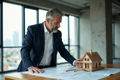 Architecte homme analysant des plans dans un bureau moderne