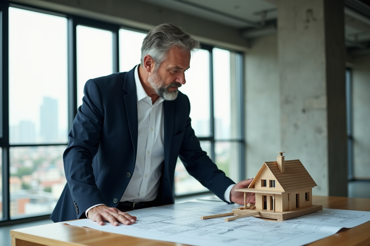 Architecte homme analysant des plans dans un bureau moderne