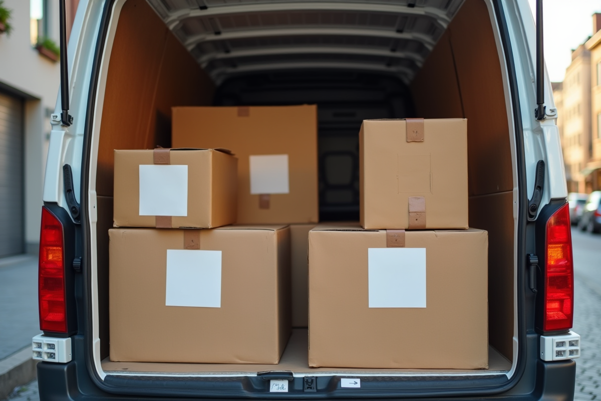 Coffre de camion de déménagement rempli de cartons etiquetes