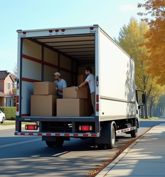 Camion de déménagement de 20 m3 en ville avec chargement