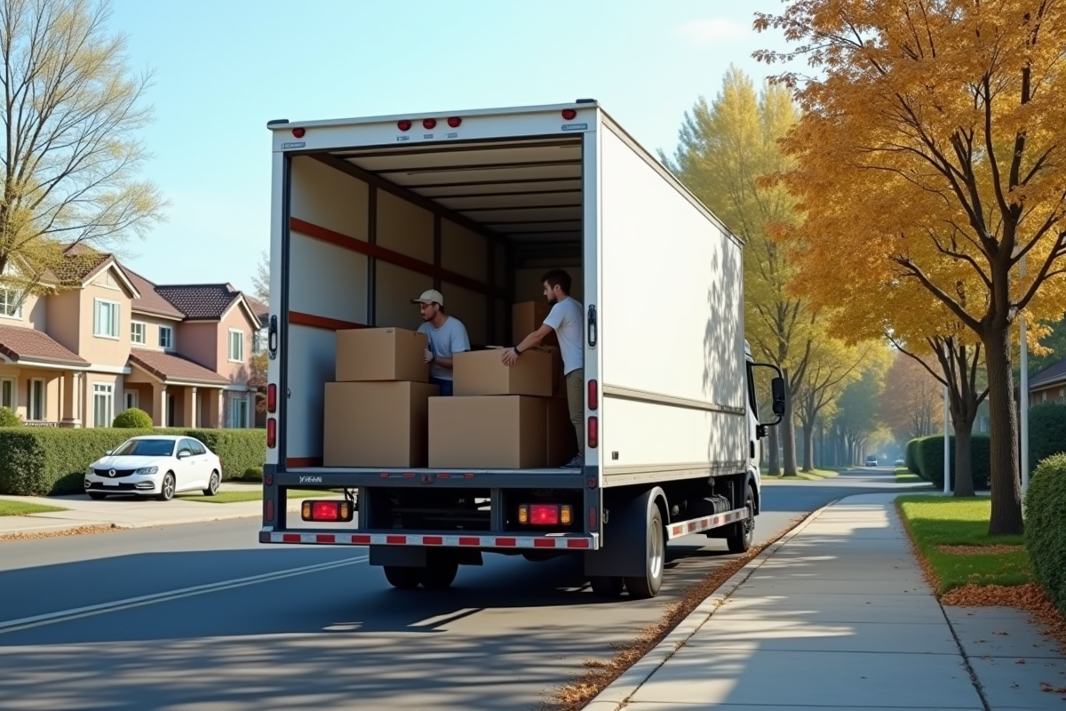 Camion de déménagement de 20 m3 en ville avec chargement