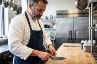 Chef homme en train d affuter un couteau dans une cuisine moderne