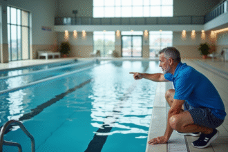 Entraîneur de natation au bord de la piscine intérieure