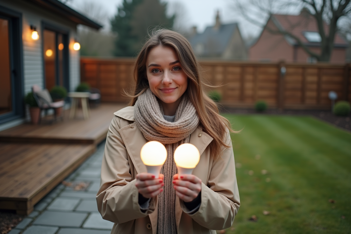 Femme comparant deux ampoules dans un jardin en plein air