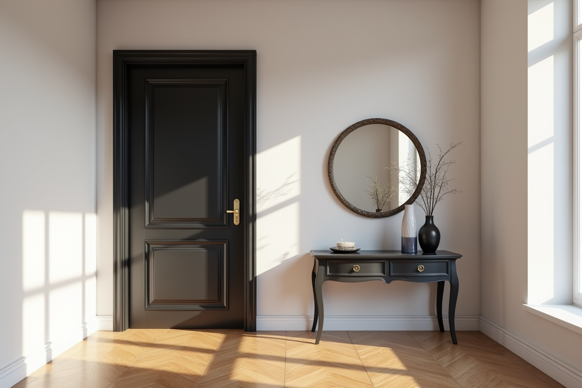 Couloir élégant avec porte noire matte et décoration vintage
