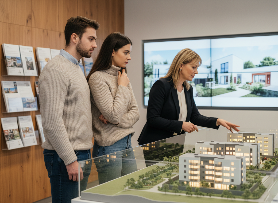 Jeune couple et conseillère immobilière avec modèle écologique