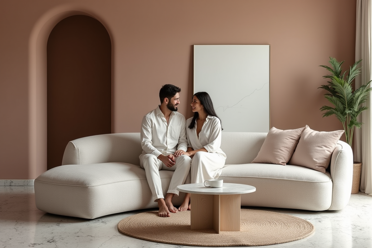 Jeune couple assis sur canapé bouclé dans un loft