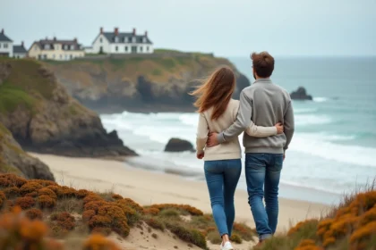 Couple sur la plage en Finistere regardant l'océan