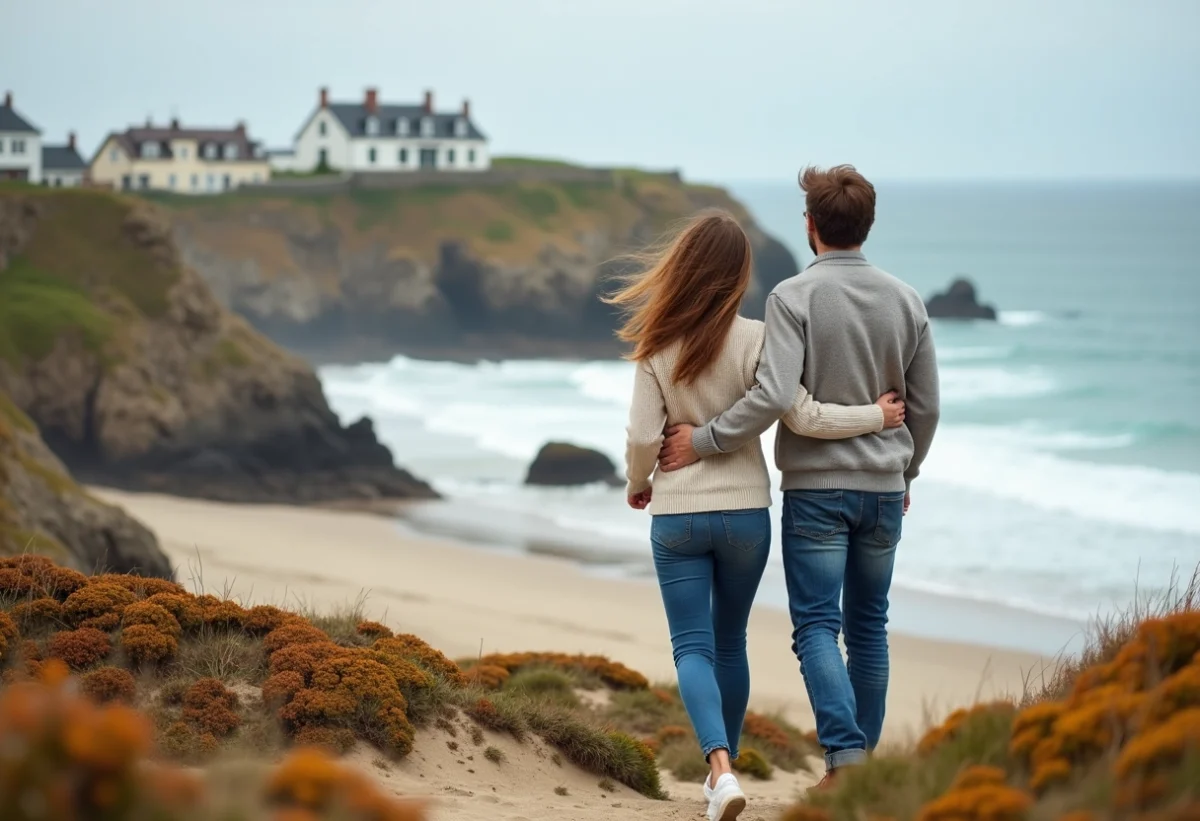Couple sur la plage en Finistere regardant l'océan