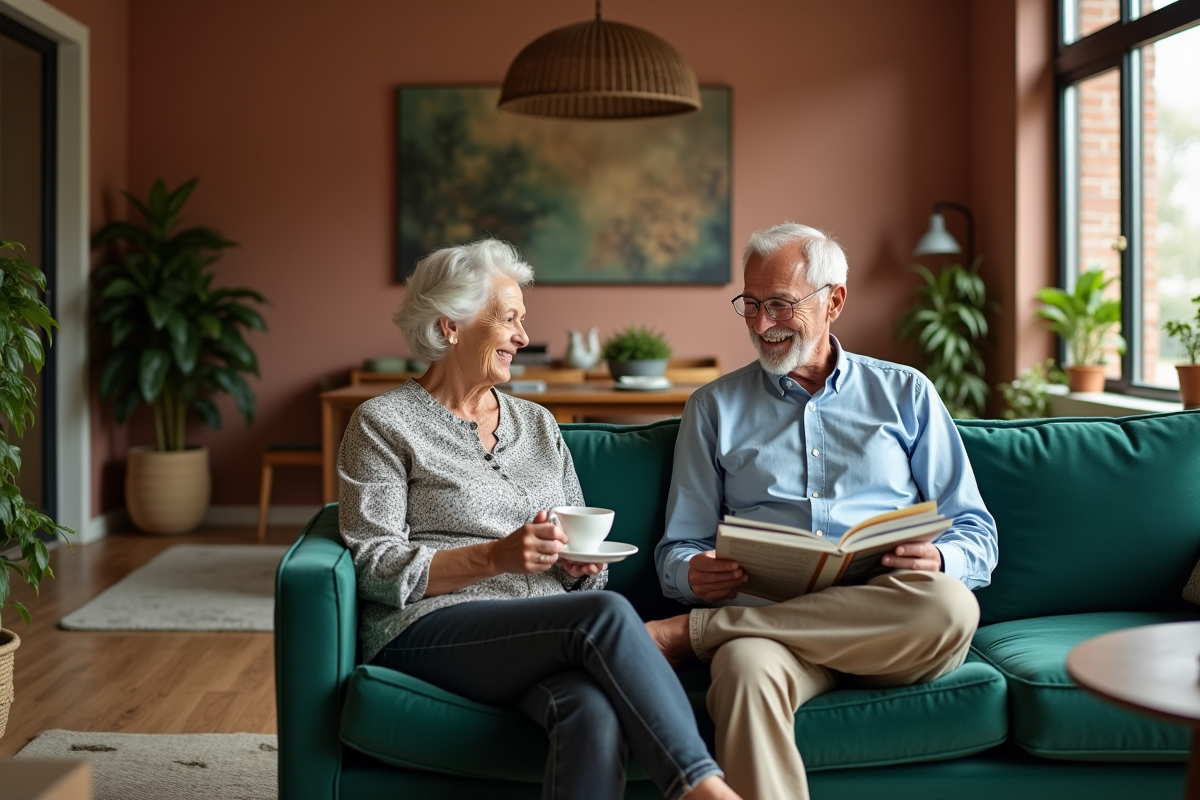 Couple âgé relaxant sur un canapé en velours vert dans un salon chaleureux