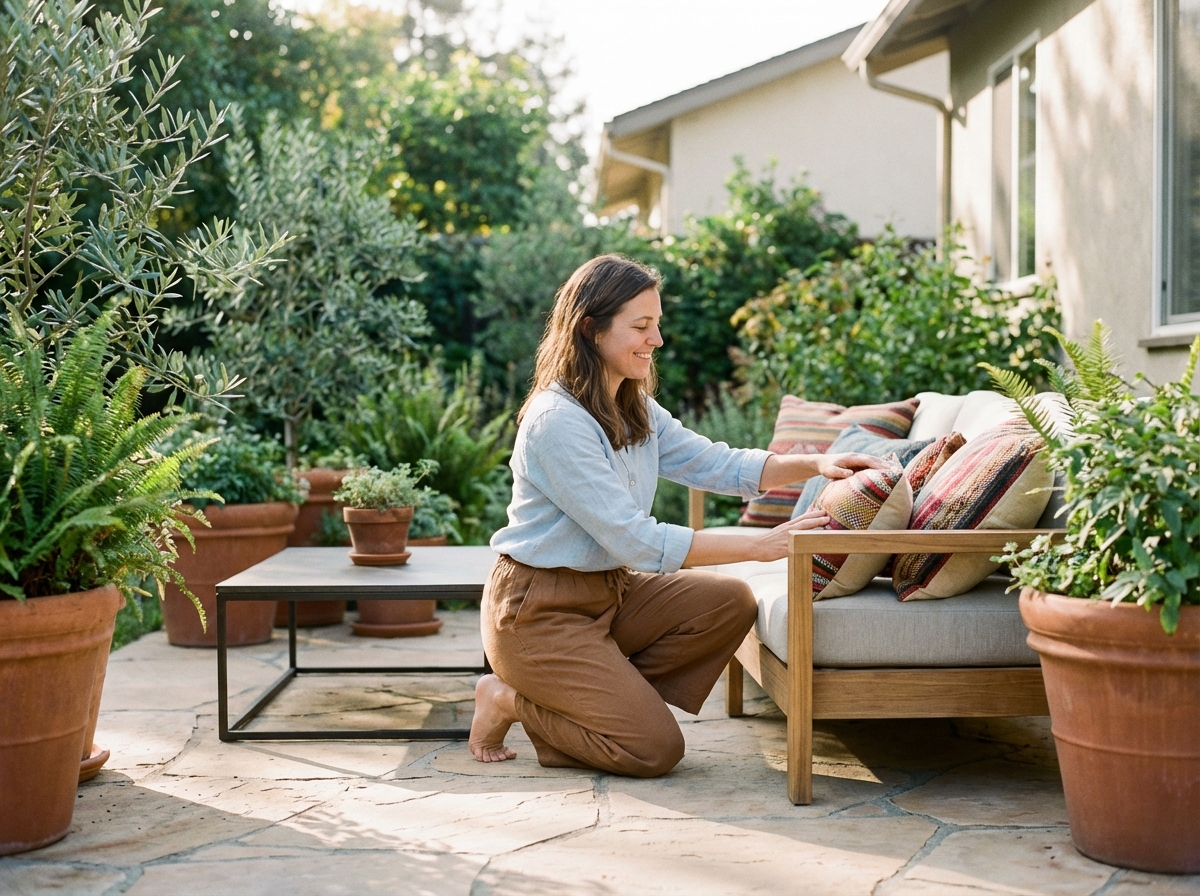 Femme souriante arrangeant des coussins colorés sur un sofa extérieur
