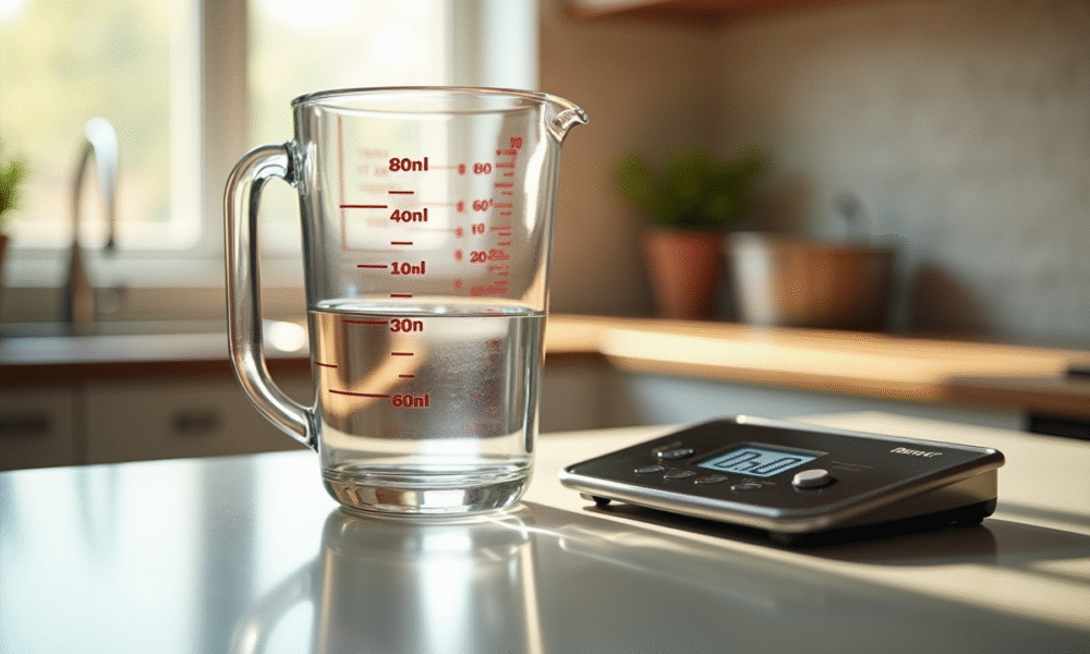Plan rapproché d'un verre doseur rempli à 400 ml sur un plan de travail