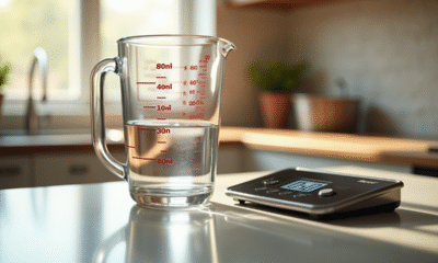 Plan rapproché d'un verre doseur rempli à 400 ml sur un plan de travail