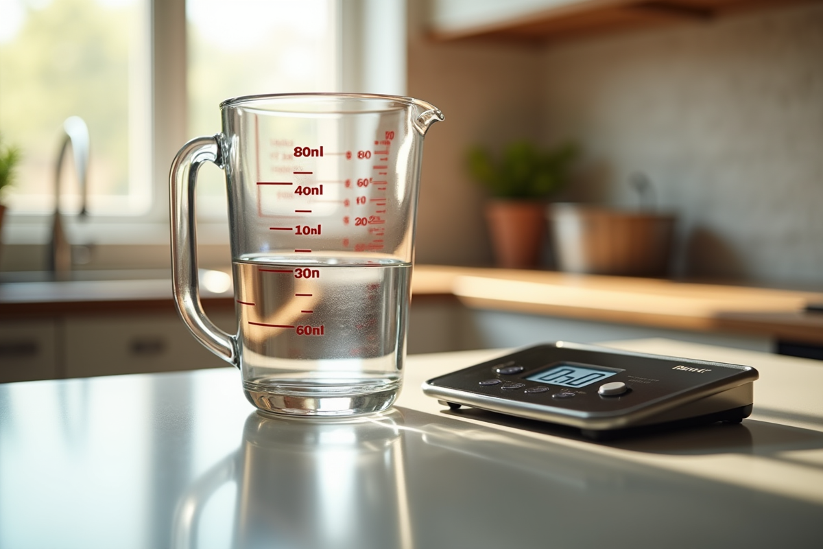Plan rapproché d'un verre doseur rempli à 400 ml sur un plan de travail