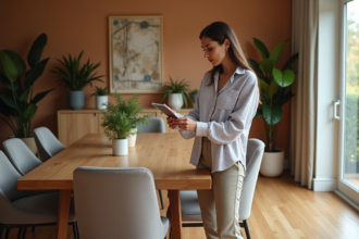 Femme choisissant un échantillon de peinture dans un salon moderne