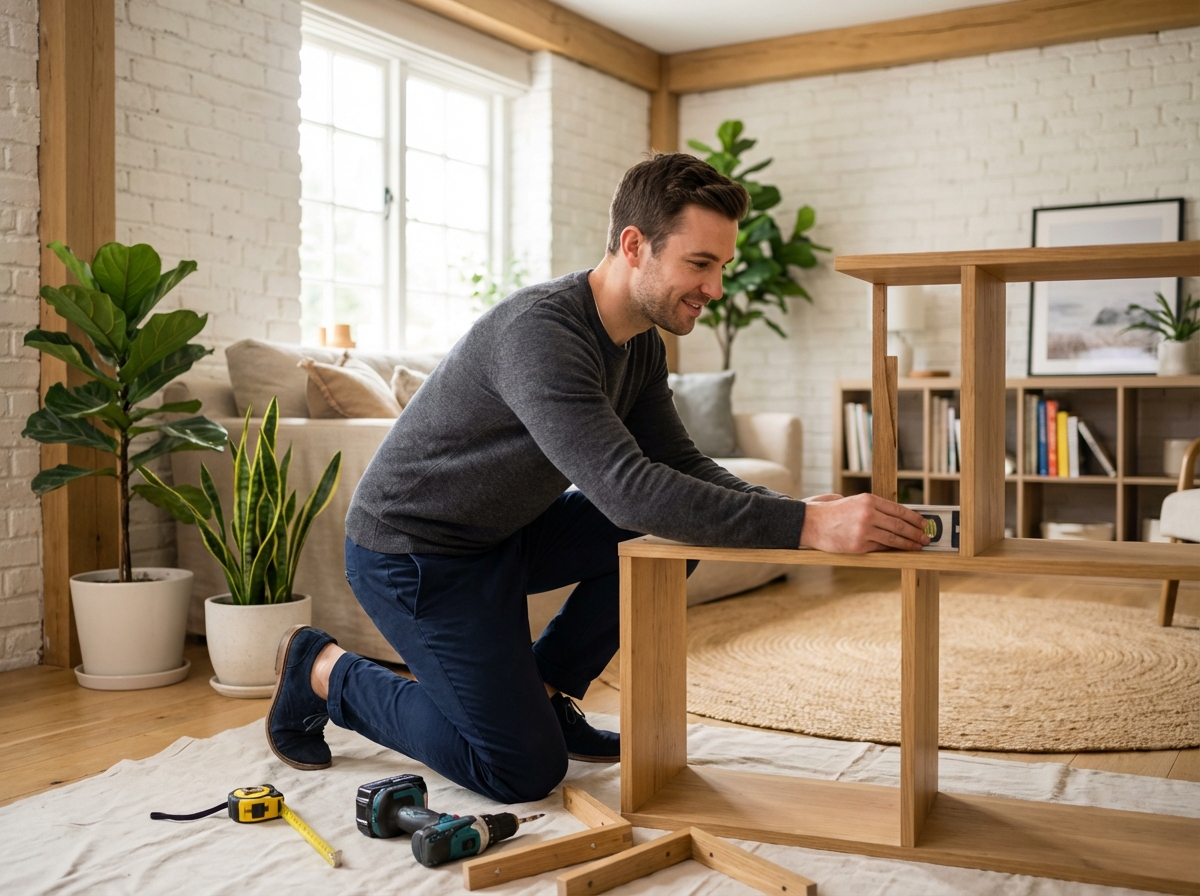 Jeune designer ajustant des étagères dans un salon lumineux