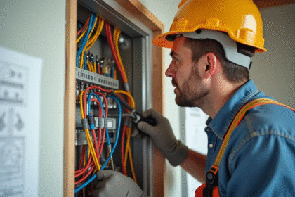 Électricien inspectant fils électriques modernes dans une maison rénovée