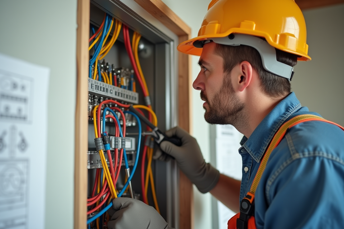Électricien inspectant fils électriques modernes dans une maison rénovée
