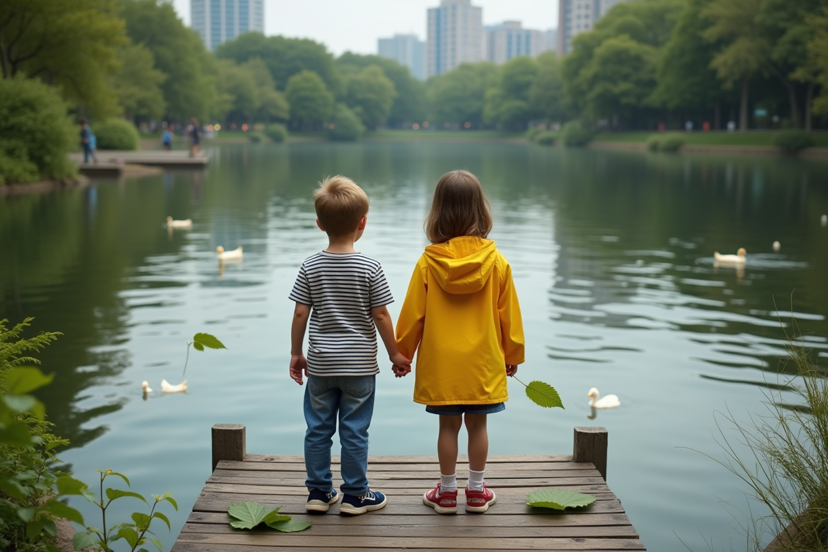 Deux enfants regardant des feuilles flottantes sur un étang urbain