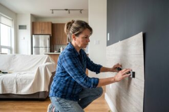 Expert en renovation appliquant des panneaux muraux