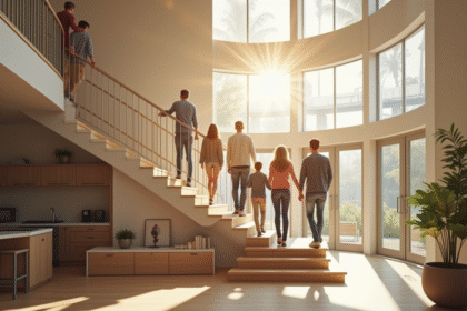Famille moderne sur un escalier lumineux dans une maison spacieuse