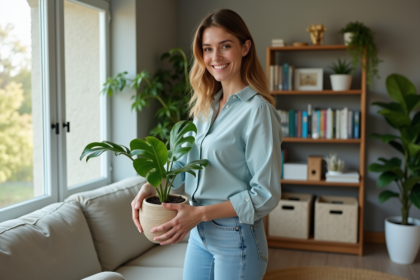 Femme souriante arrosant une plante monstera dans un salon moderne