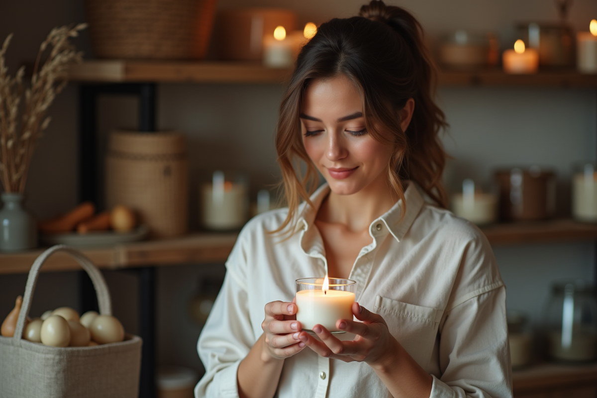 Femme examinant une bougie artisanale dans un atelier chaleureux