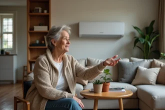Femme dans un salon cosy montrant une pompe à chaleur moderne