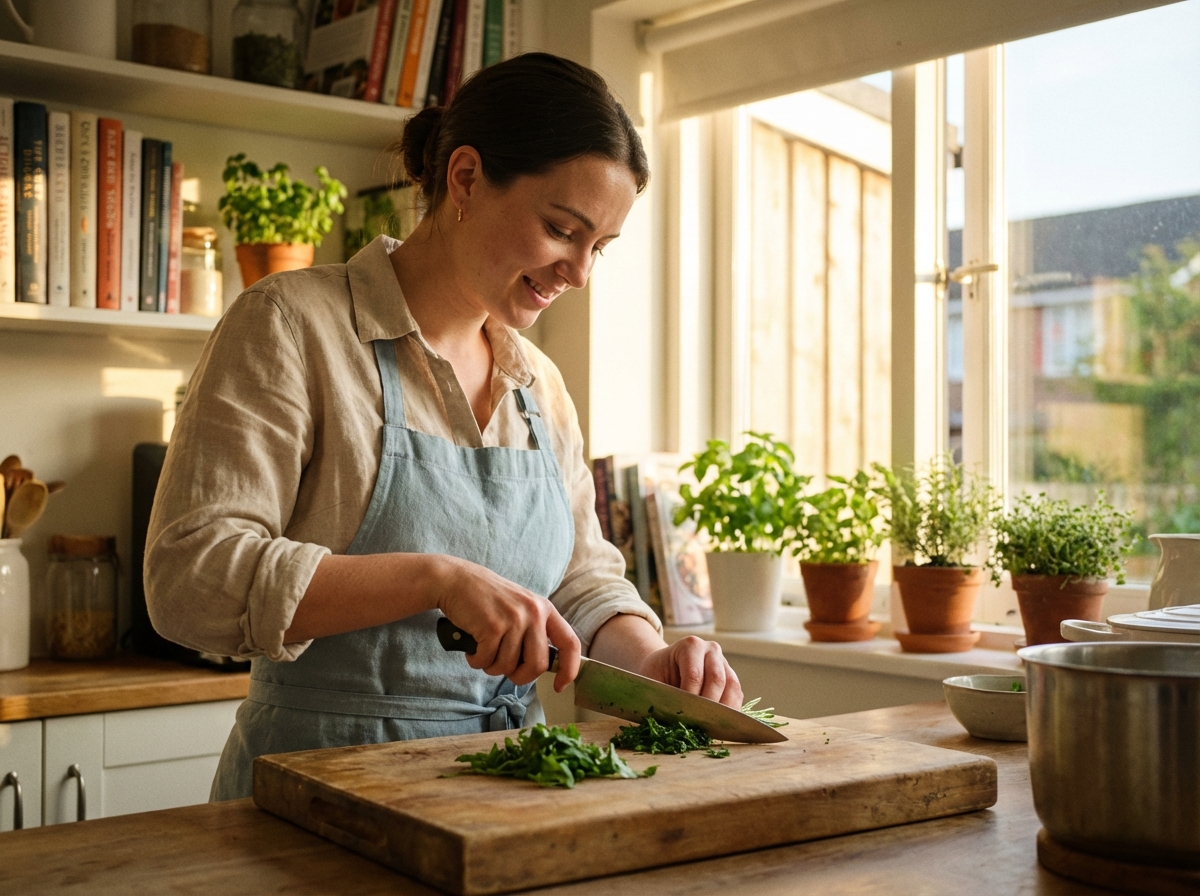 Jeune femme chef hachant des herbes dans une cuisine lumineuse