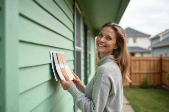 Femme souriante tenant des nuanciers devant une maison verte