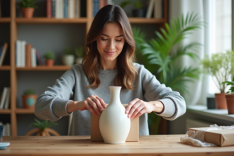 Femme emballant une porcelaine dans un intérieur cosy