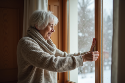 Femme isolant une fenêtre avec du ruban isolant dans son salon