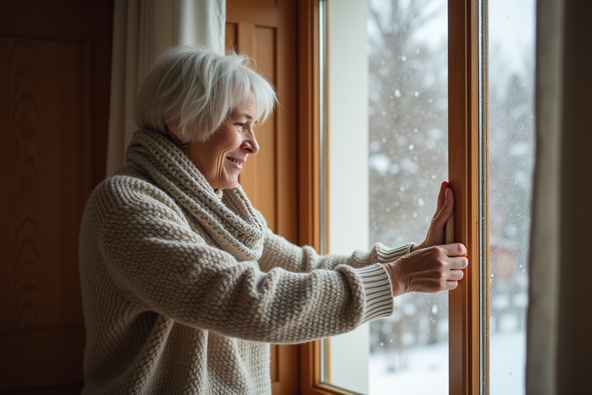 Femme isolant une fenêtre avec du ruban isolant dans son salon