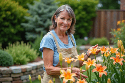 Femme d'âge moyen dans un jardin de lys en été