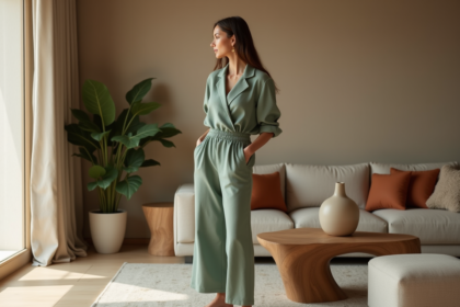 Femme en combinaison sagegreen dans un salon moderne