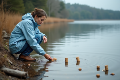 Femme en veste bleue relâchant des bouchons sur un lac calme