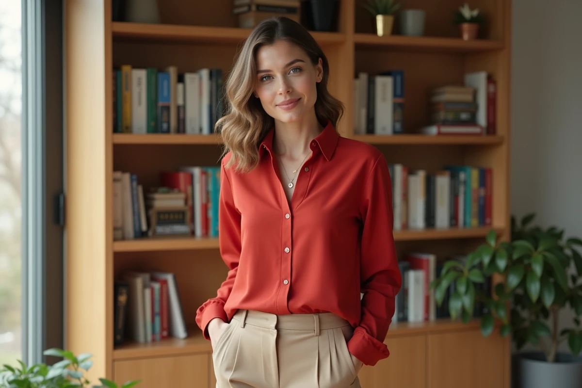 Femme en blouse rouge dans un salon lumineux et chaleureux