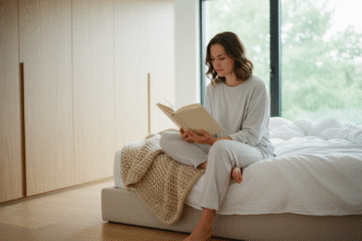Jeune femme lisant dans une chambre moderne et lumineuse