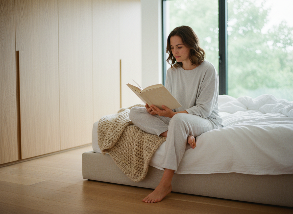 Jeune femme lisant dans une chambre moderne et lumineuse
