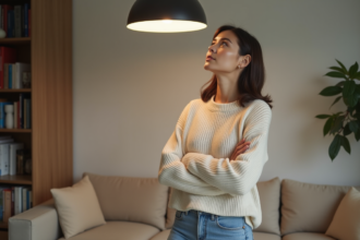 Femme regardant un luminaire moderne dans un salon cosy