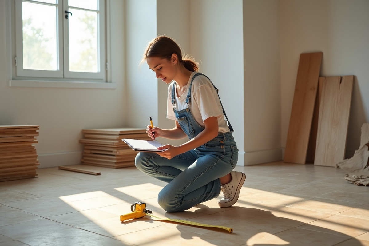 Jeune femme mesurant un parquet en bois dans une pièce lumineuse