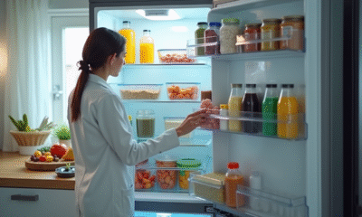 Femme ouvrant un congélateur bien organisé dans une cuisine lumineuse