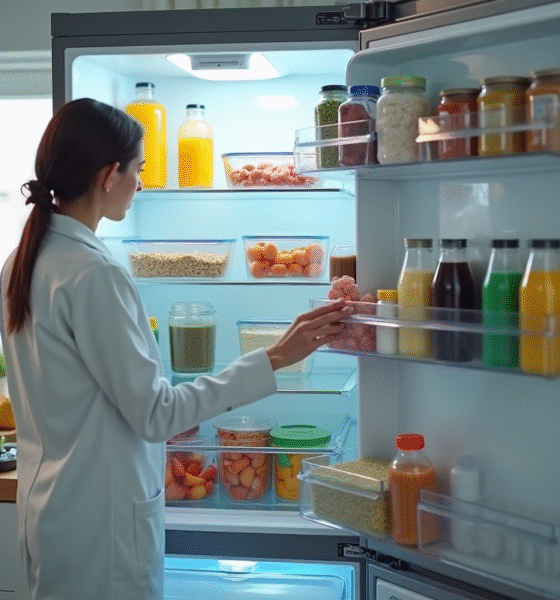 Femme ouvrant un congélateur bien organisé dans une cuisine lumineuse