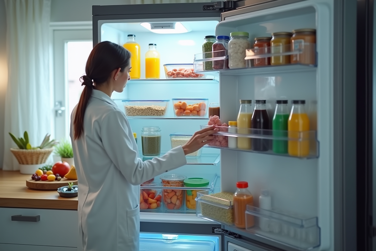 Femme ouvrant un congélateur bien organisé dans une cuisine lumineuse