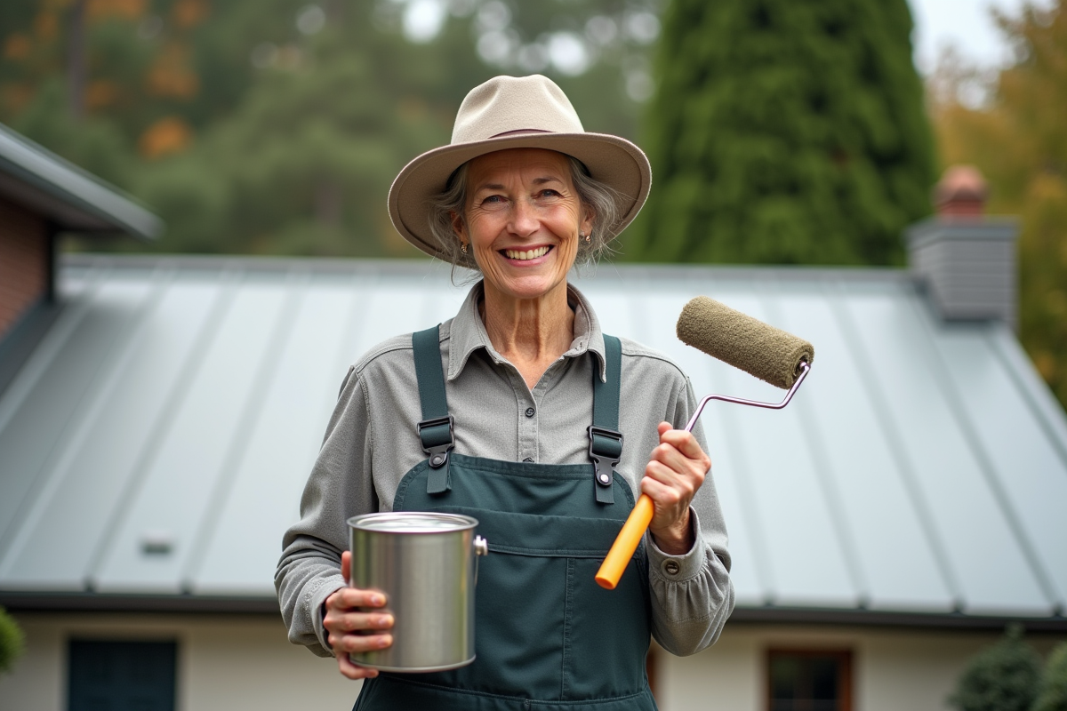 Femme souriante peignant un toit récemment rénové