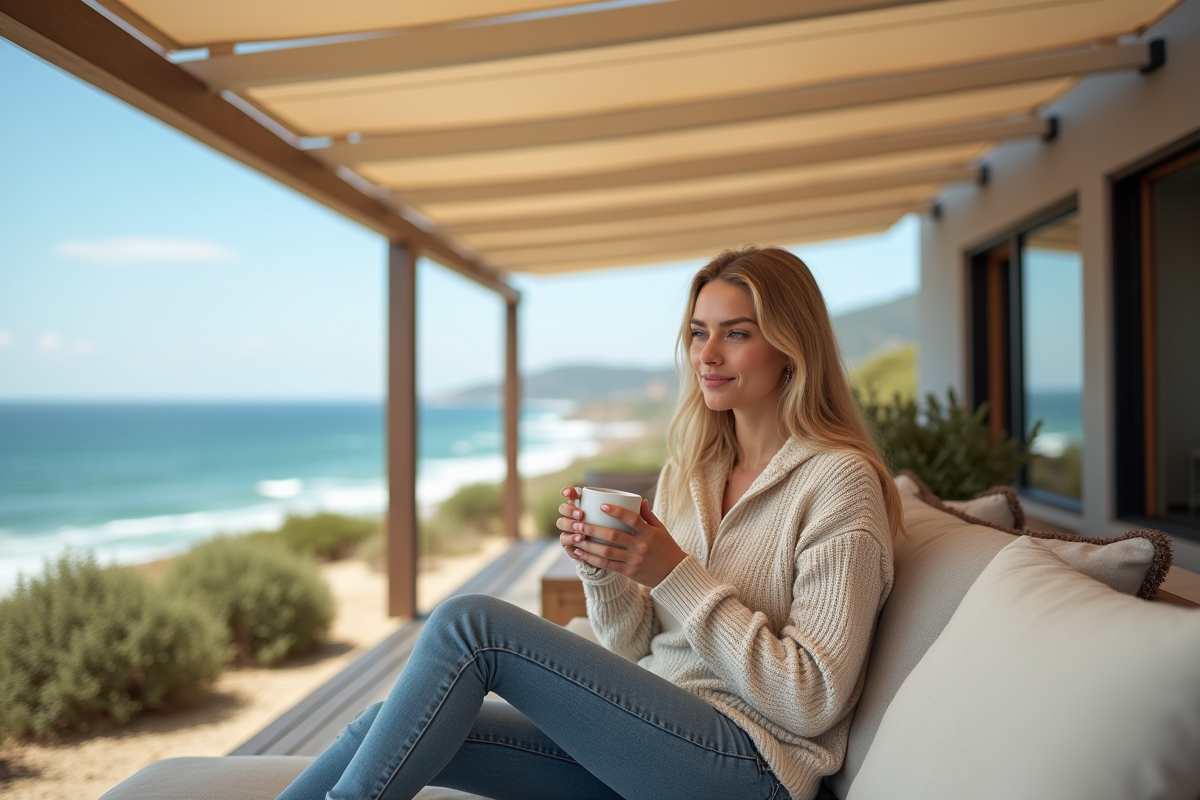 Femme détendue sous une pergola face à la mer