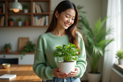 Jeune femme souriante tenant une plante jade dans un intérieur lumineux